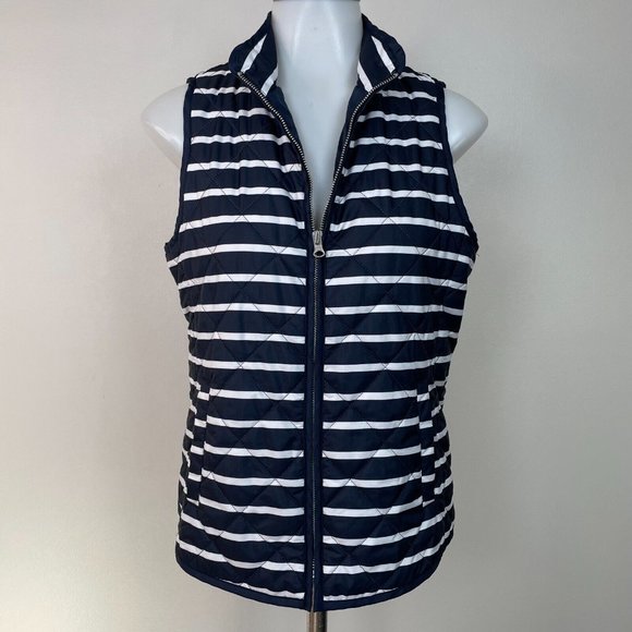 Gap Quilted Puffer Vest XS Navy Blue White Striped Full-Zip Pockets Women's - Picture 1 of 11